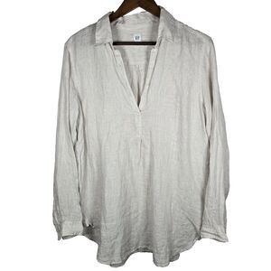 Gap Tan Linen Striped Pullover Long Sleeve V Neck Tunic Large